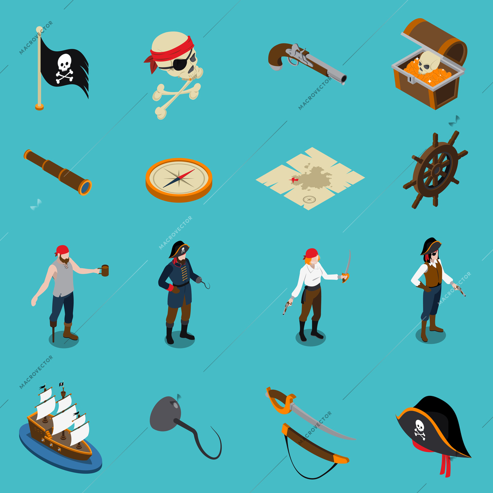 Pirates isometric icons with hand hook binoculars weapon map flag trunk wooden wheel isolated on blue background vector illustration