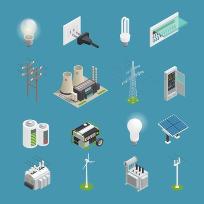 Power icons isometric set with electrical connector socket plug bulb and windmill energy generator isolated vector illustration