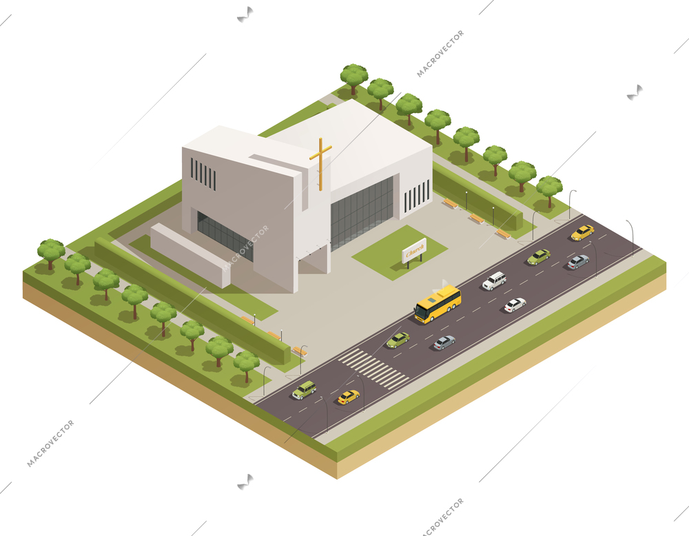 Modern protestant church white stone building with cross alongside busy motorway road isometric composition poster vector illustration