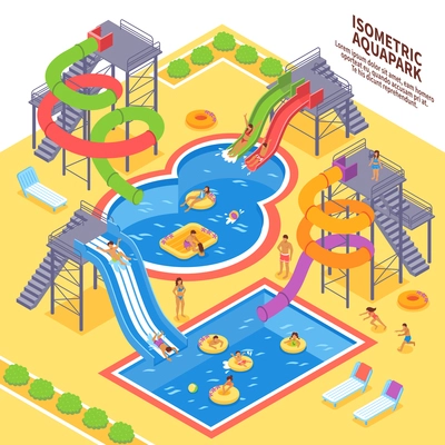 Aqua park and swimming with people and chaise lounges isometric vector illustration