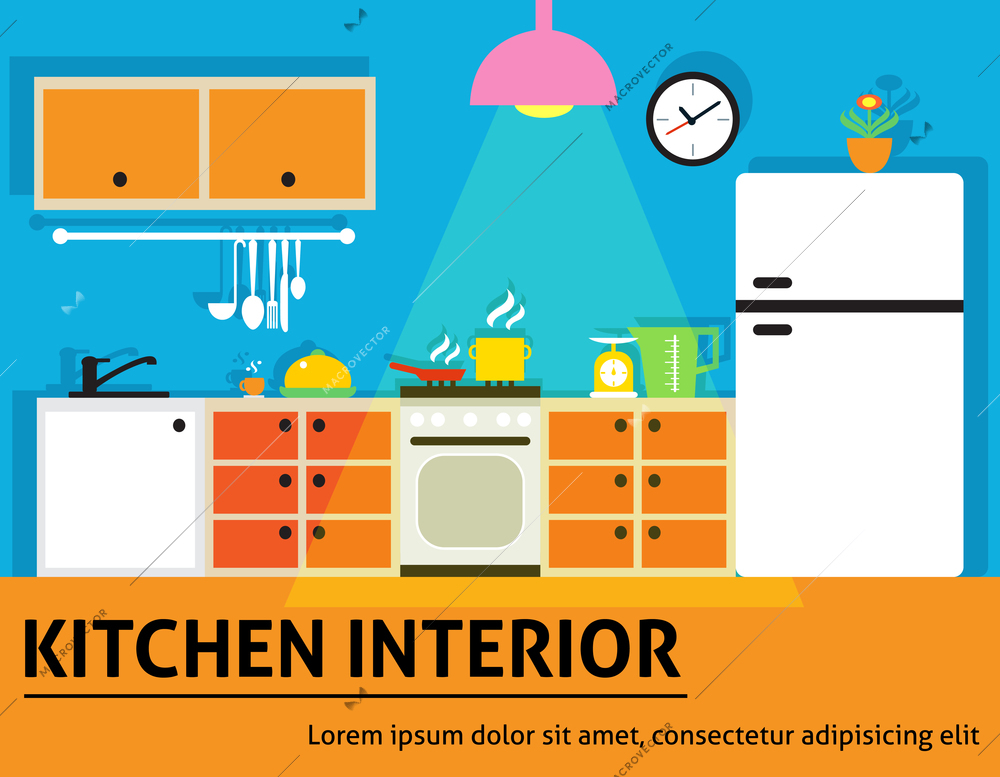 Kitchen interior modern home food cooking design poster vector illustration.