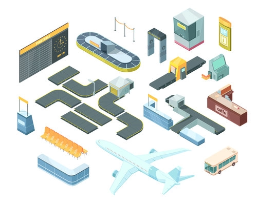 Airport isometric set with transportation, security system equipment, passport control booth, timetable, baggage carousel isolated vector illustration