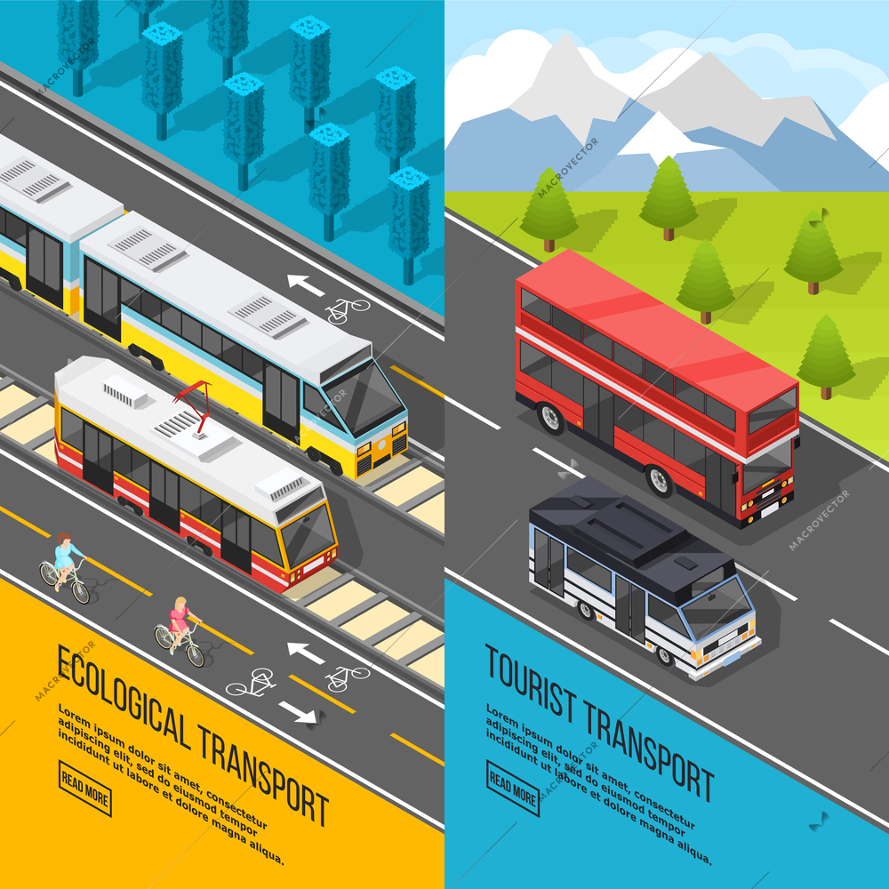 Set of two vertical transport banners with rail transport and suburban tourist buses with read more button vector illustration