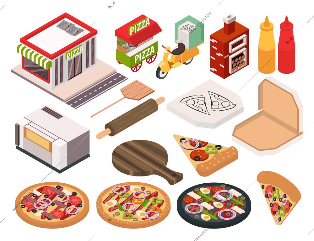 Isometric pizzeria icon set with several types of pizzas and attributes for cooking and selling vector illustration