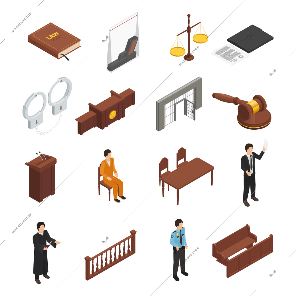 Law justice symbols isometric icons collection with bible handcuffs criminal defendant and prosecuting attorney isolated vector illustration