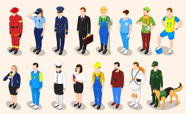 Profession isometric set of sixteen isolated people faceless characters representing different professions in appropriate uniform with shadows vector illustration