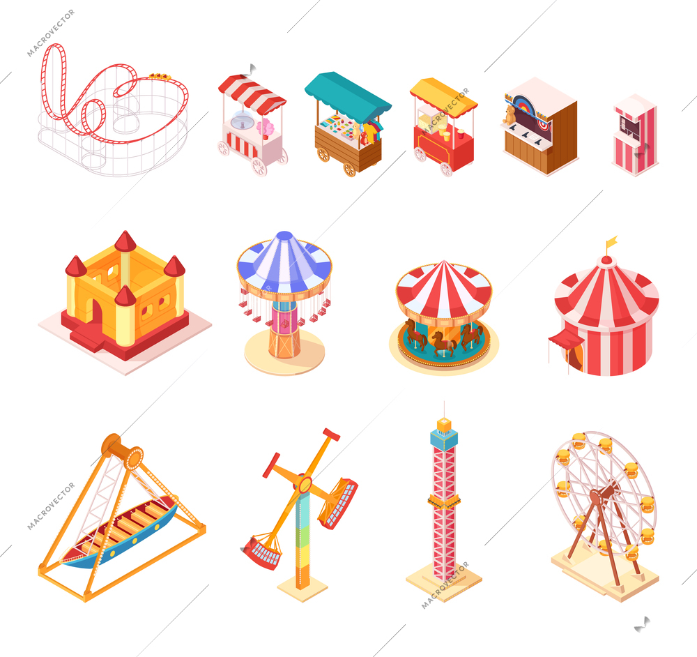 Amusement park isometric cartoon icons set with seesaw medieval castle ferris wheel circus tent popcorn and ice cream booths isolated vector illustration