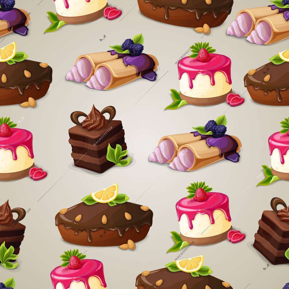 Decorative sweets dessert seamless pattern with layered cake crepes cream vector illustration