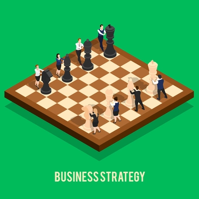 Isometric people business concept with isolated image of chess board with pieces driven by human characters vector illustration