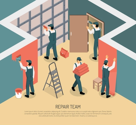 Renovation repair team working in room 3d isometric vector illustration