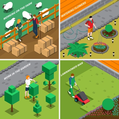 Working on farm 2x2 design concept with people caring for pets watering flowers mowing grass cutting bushes isometric vector illustration