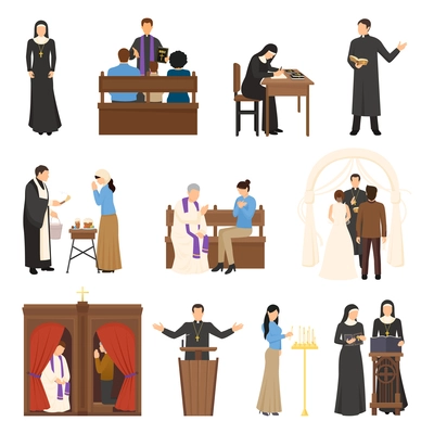 Flat design religious characters set with pope nun priest clergyman reverend isolated on white background vector illustration