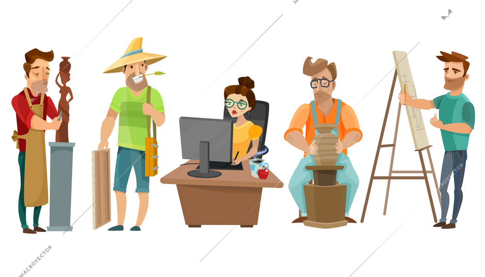 Creative freelance people at work in studio with artist sculptor journalist and potter cartoon images set vector illustration