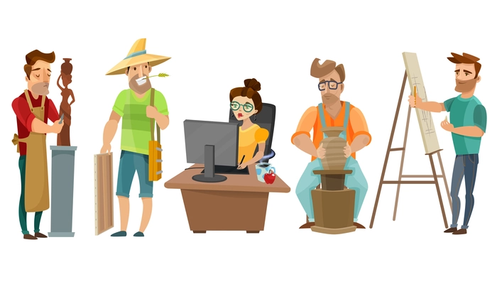 Creative freelance people at work in studio with artist sculptor journalist and potter cartoon images set vector illustration