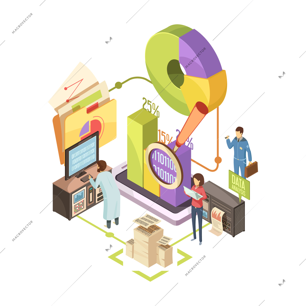 Information center with equipment observation data analysis and optimization with infographic elements isometric vector illustration