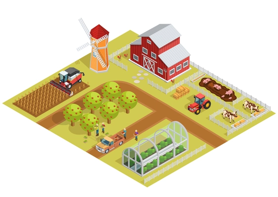 Farm isometric template with garden trees animals agricultural vehicles farmers mill and greenhouse vector illustration