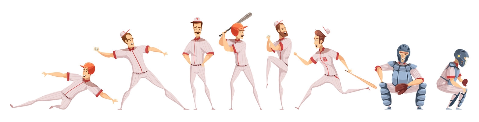 Baseball players colored icons set with cartoon sportsman figurines in different poses on white background flat isolated vector illustration