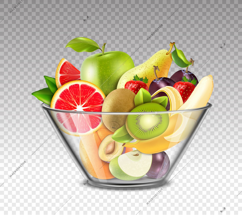 Realistic fruits including apple kiwi banana strawberry plum in glass bowl on transparent background isolated vector illustration