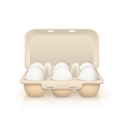 Six raw white eggs in cardboard box realistic vector illustration