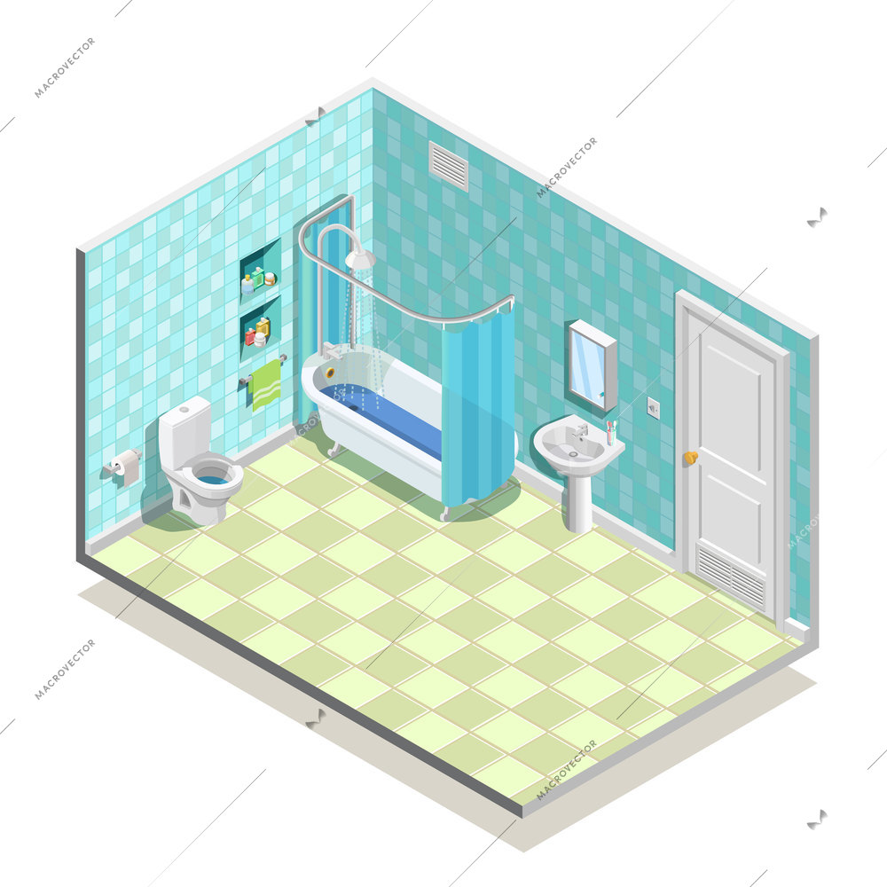 Hygiene icons isometric composition with lavatory interior sanitary fitments including tub basin washstand shelves and mirror vector illustration