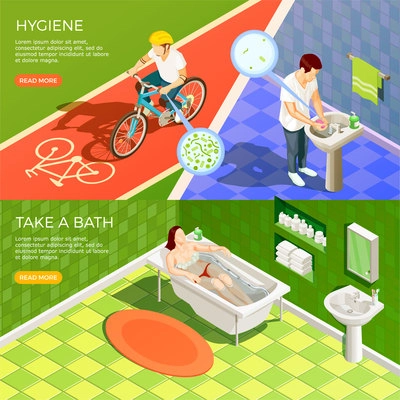 Hygiene banners with microbes infographics bathroom isometric interior composition with editable text and read more button vector illustration