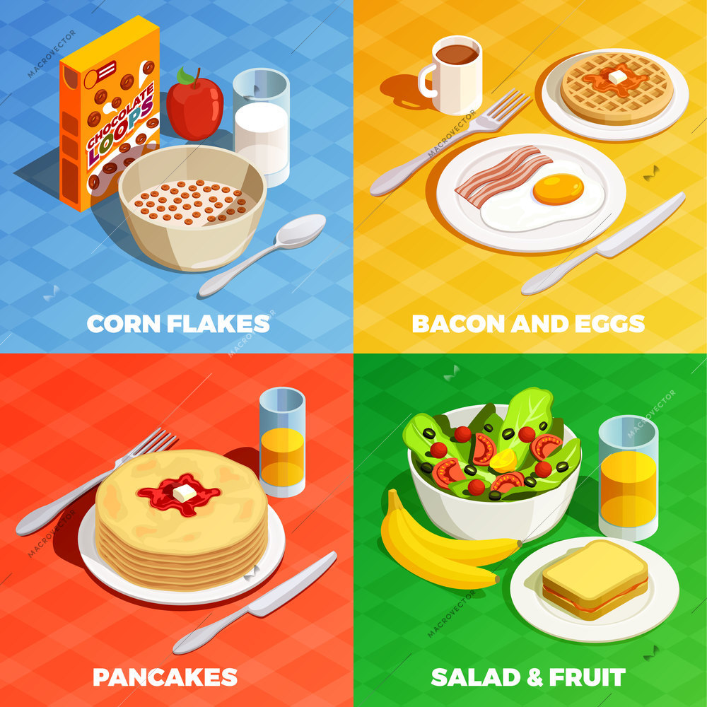 Cooking icons isometric design concept with realistic dishes flatware with various breakfast food and drinks images vector illustration