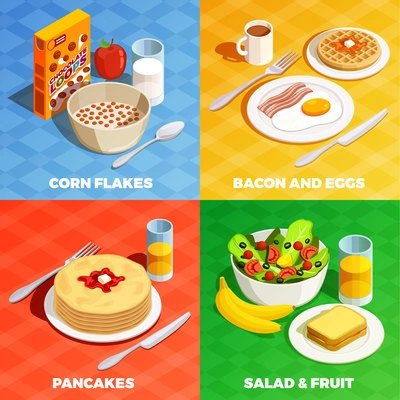 Cooking icons isometric design concept with realistic dishes flatware with various breakfast food and drinks images vector illustration