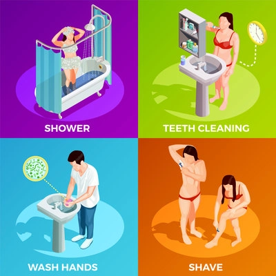 Hygiene isometric square compositions set with human characters washing hands taking shower shaving and brushing teeth vector illustration