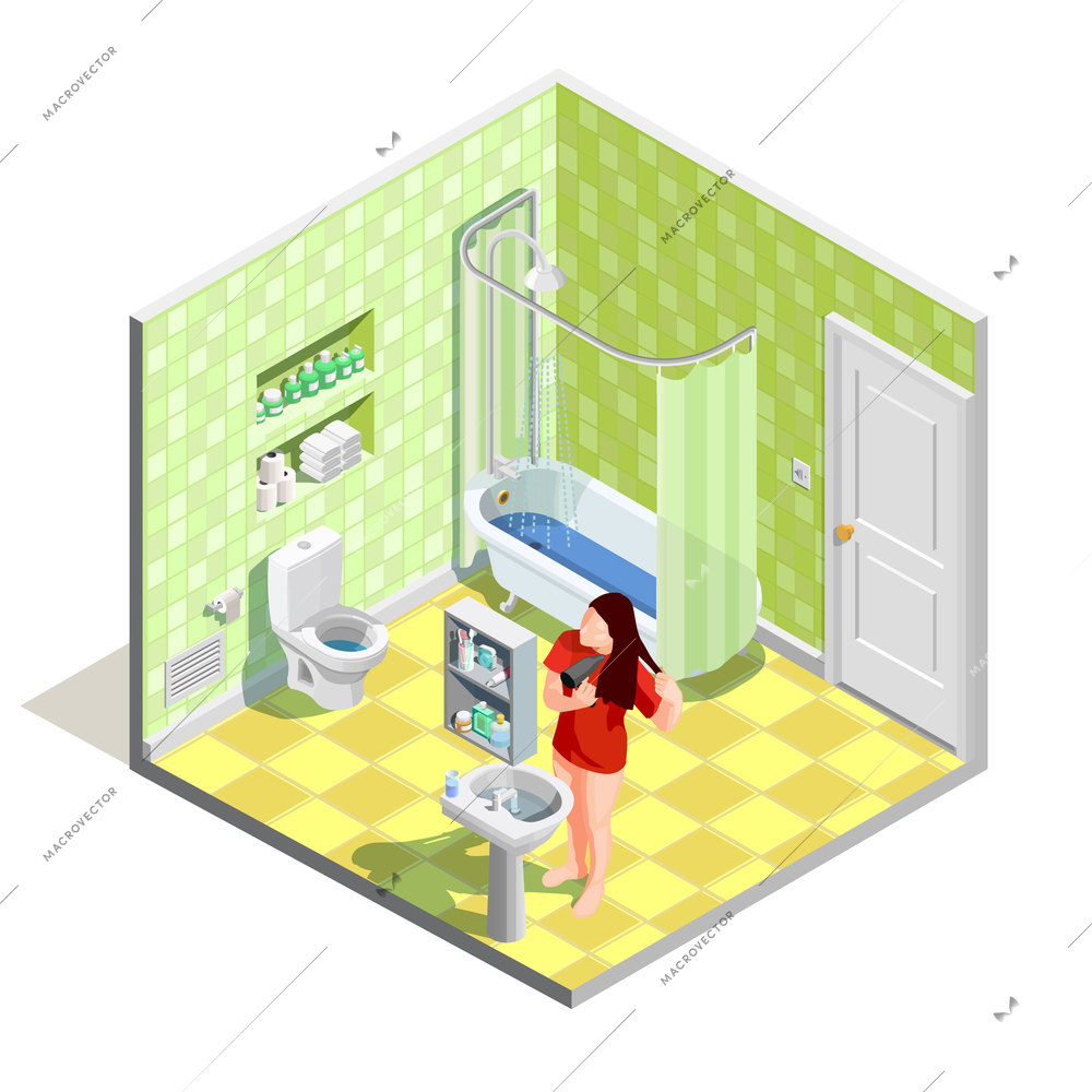 Hygiene icons isometric composition with realistic bathroom interior sanitary fitments and female character drying her hair vector illustration