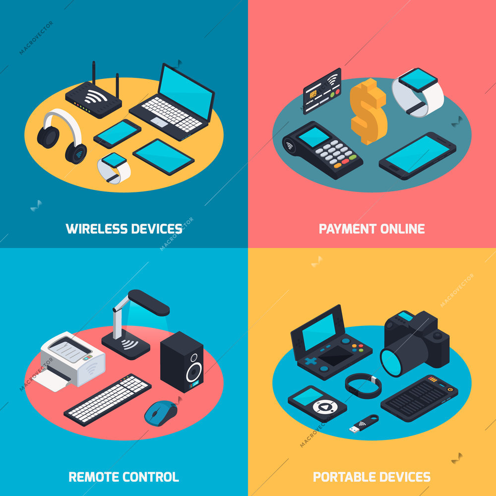 Isometric wireless mobile devices design concept with compositions of computer equipment and gadgets on round surface vector illustration