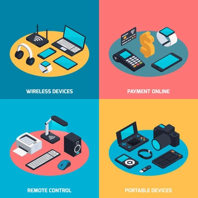 Isometric wireless mobile devices design concept with compositions of computer equipment and gadgets on round surface vector illustration