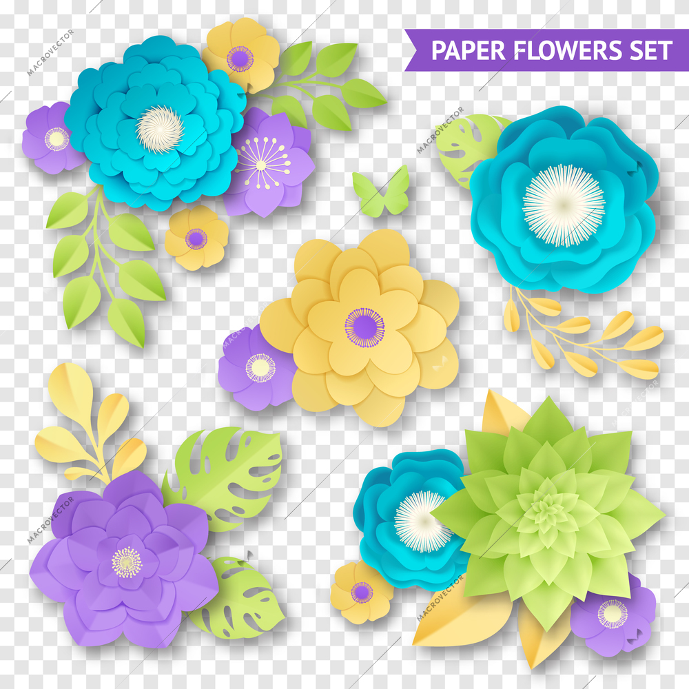 Paper flowers ornamental compositions set in yellow green aquamarine purple on transparent background craft vector illustration