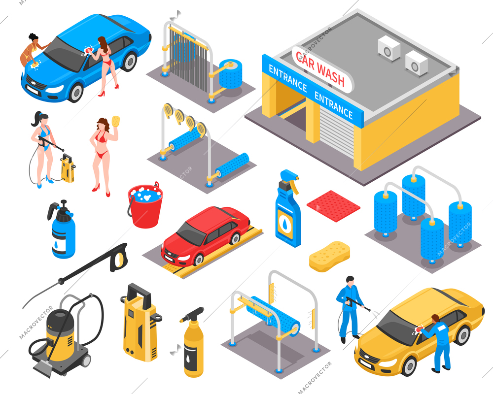 Car wash isometric set with garage, vehicles, cleaning equipment, detergents, girls in bikini, workers isolated vector illustration
