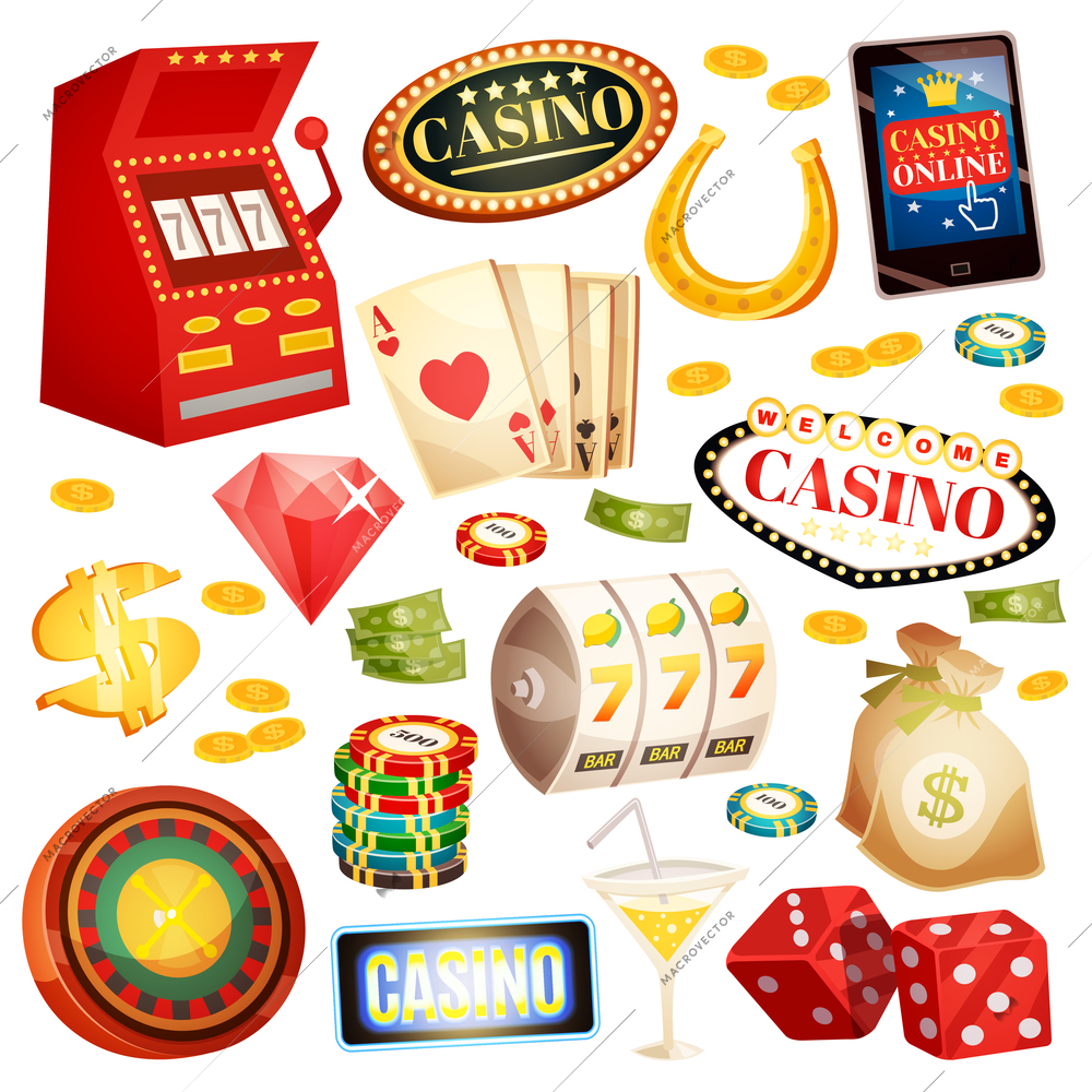 Casino decorative icons set with horseshoe money roulette cards chips jackpot dice isometric elements isolated vector illustration