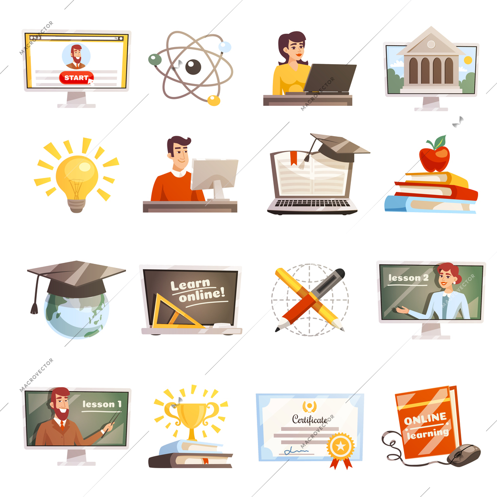 Online learning flat colored icons set with teachers and students participating in web seminars isolated vector illustration