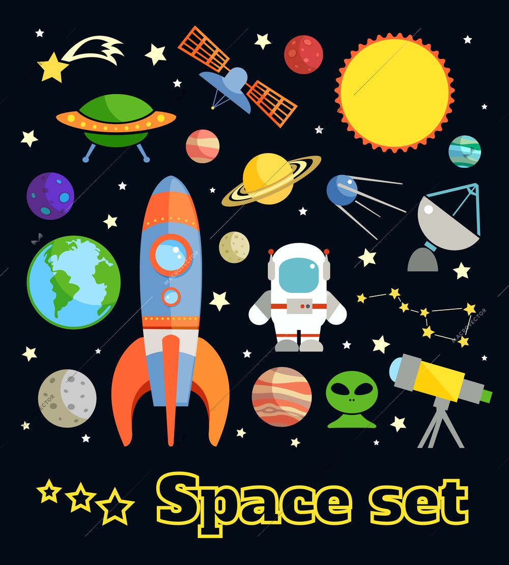 Space and astronomy decorative elements set isolated on dark background vector illustration