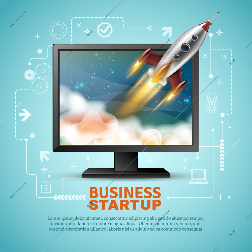 Business startup design with rocket flying from computer monitor on blue background with white scheme vector illustration