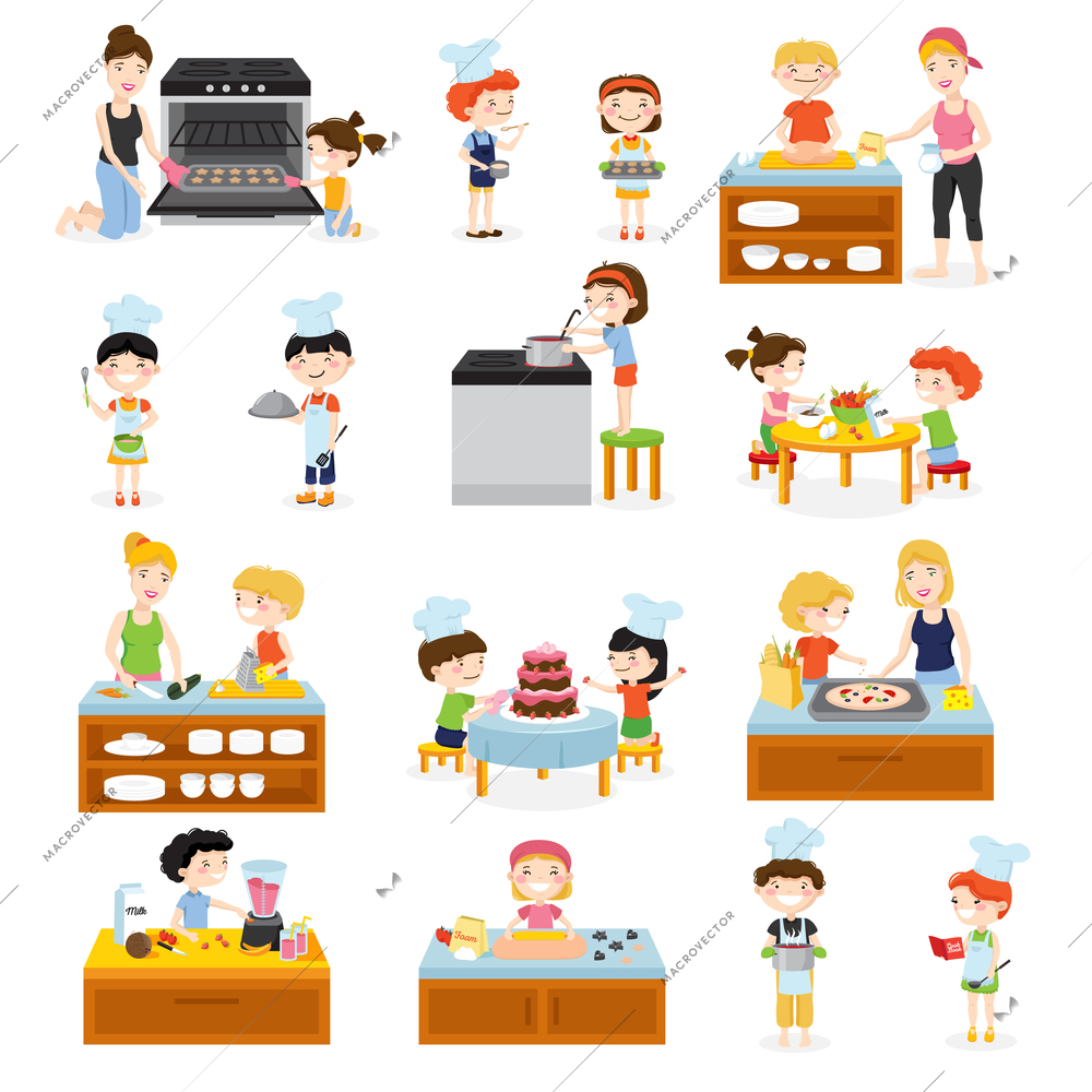 Cartoon kids cooking set with children and adults flat characters kitchen furniture equipment and food images vector illustration