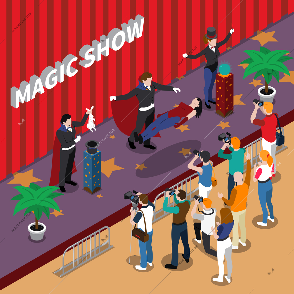 Magic show of illusionists on stage including master of levitation reporters with cameras isometric vector illustration
