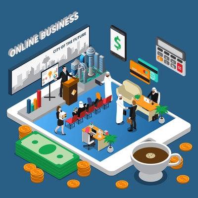 Online business design with arab people at conference, in office on mobile device screen isometric vector illustration