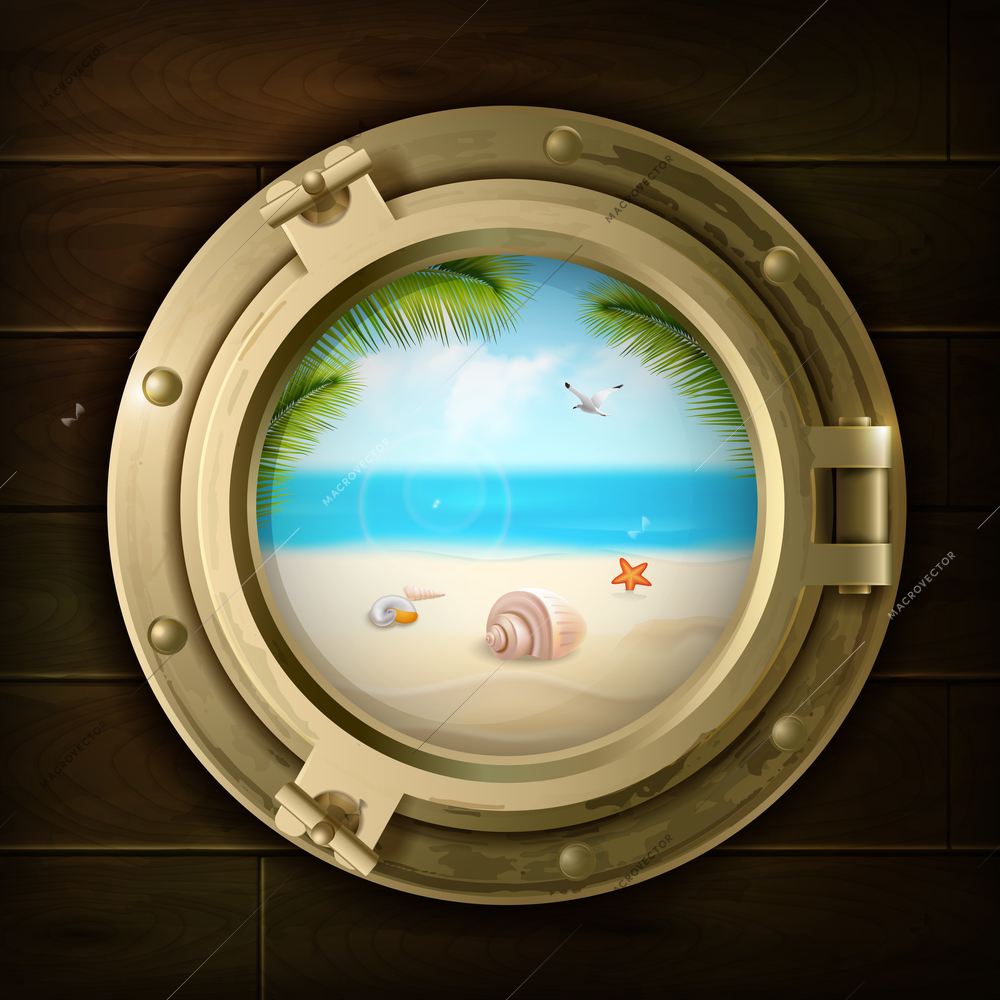 Summer background with palm shells and starfish on beach in ship porthole on wood texture vector illustration