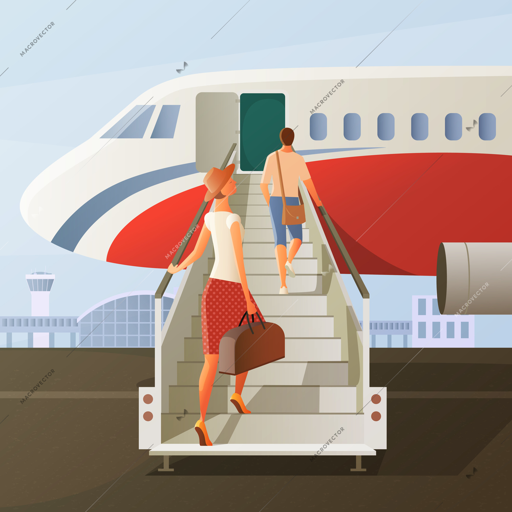 Boarding in airplane composition with man and woman in hat with hand luggage on ladder vector illustration