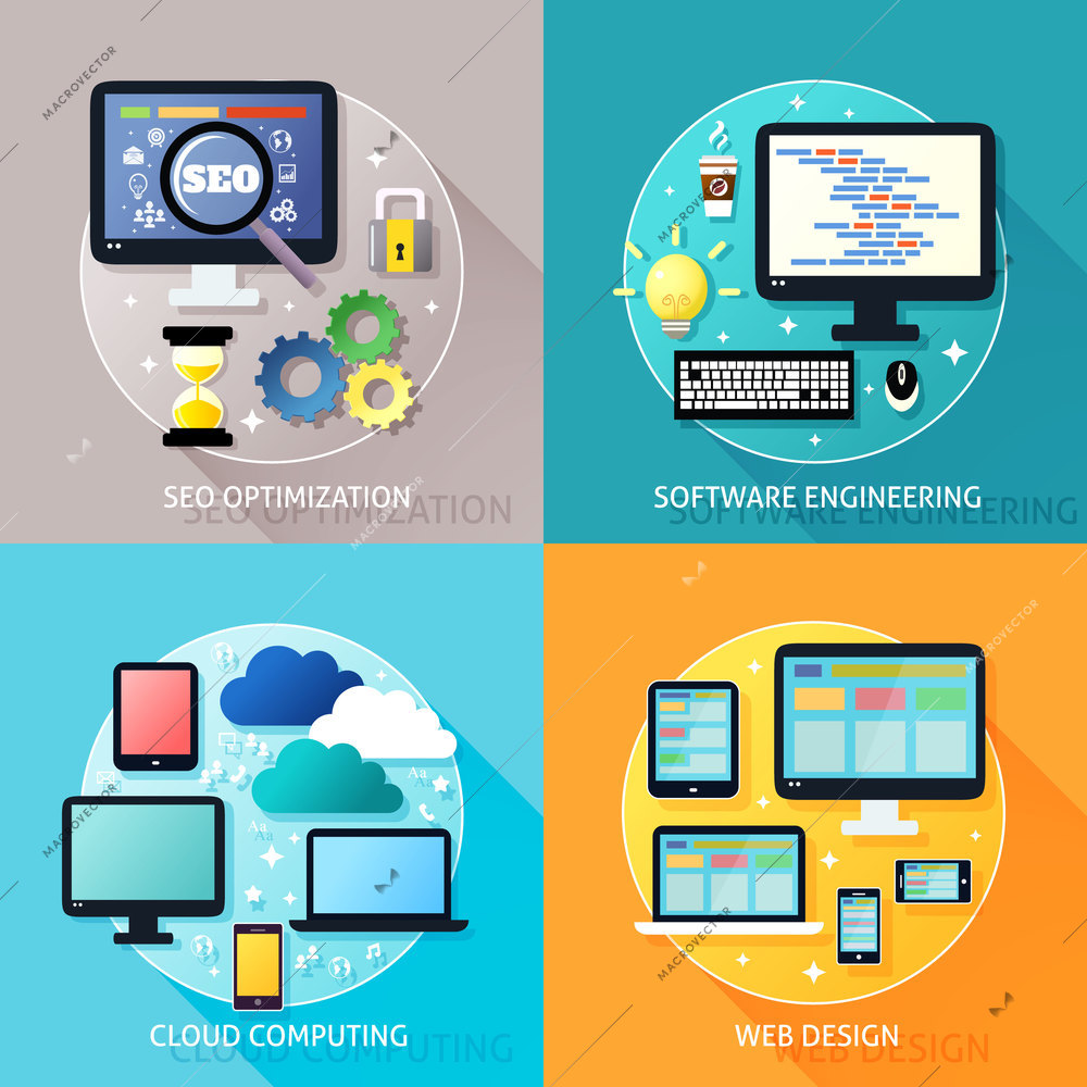 Business process concept of seo optimization software engineering cloud computing and web design icons set vector illustration