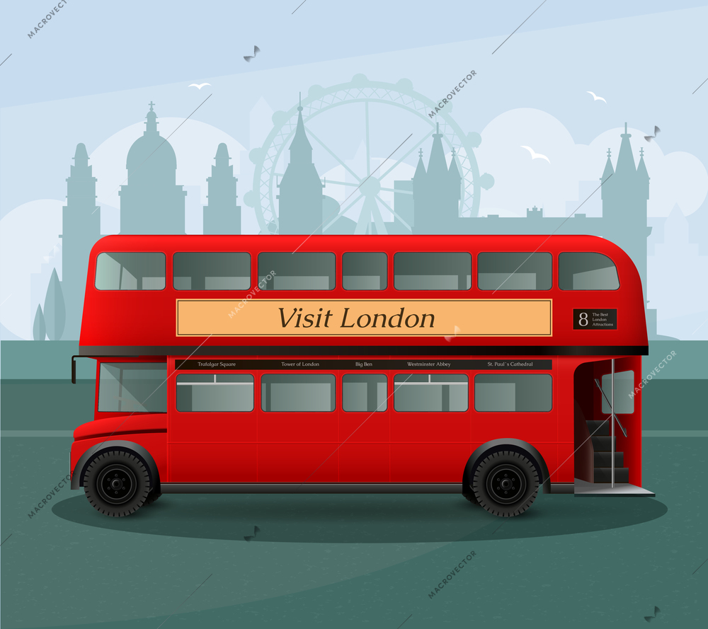 Realistic london double decker bus with lettering on grey background with silhouettes of landmarks vector illustration