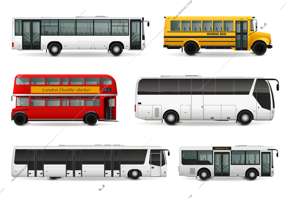 Realistic set with school bus modern urban and touristic transport london double decker vehicle isolated vector illustration