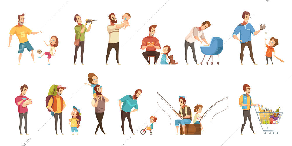 Fatherhood child-rearing shopping playing walking fishing with kids retro cartoon icons 2 banners set  isolated vector illustration