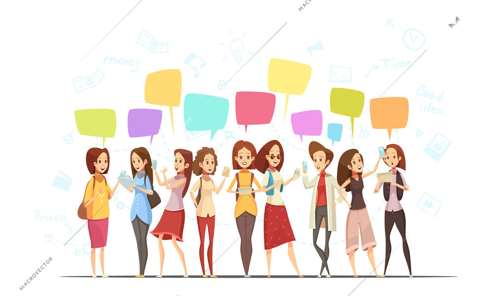 Teenagers girls characters communication online retro cartoon  poster with money symbols and chat messages bubbles vector illustration