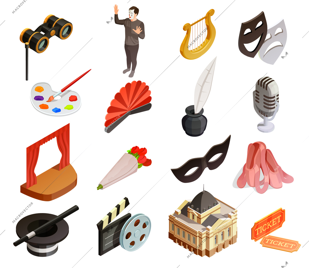 Theatre icon isometric set of sixteen isolated vintage style symbolic images representing different fields of art vector illustration