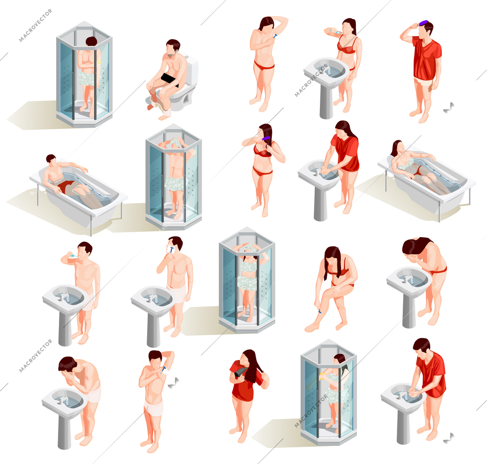 Hygiene icons isometric collection of isolated male and female human characters doing morning bath room procedures vector illustration