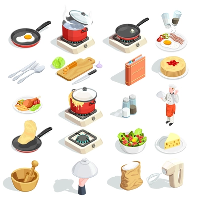 Cooking icons isometric set of sixteen isolated images of food dishes spice kitchenware and cook character vector illustration